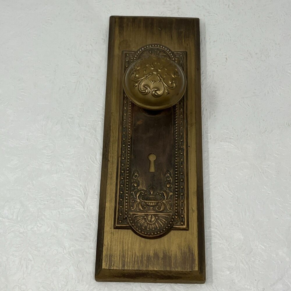 Vintage Ornate Doorknob with Plate Mounted on A Wooden Block Victorian Floral